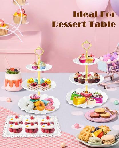 Hoedia 10 Pcs Cake Stand, Plastic Dessert Table Display Set, 4 Pcs 3 Tier Cupcake Stand Tower Holder and 6 Pcs Serving Tray for Tea Party Baby Shower Decorations