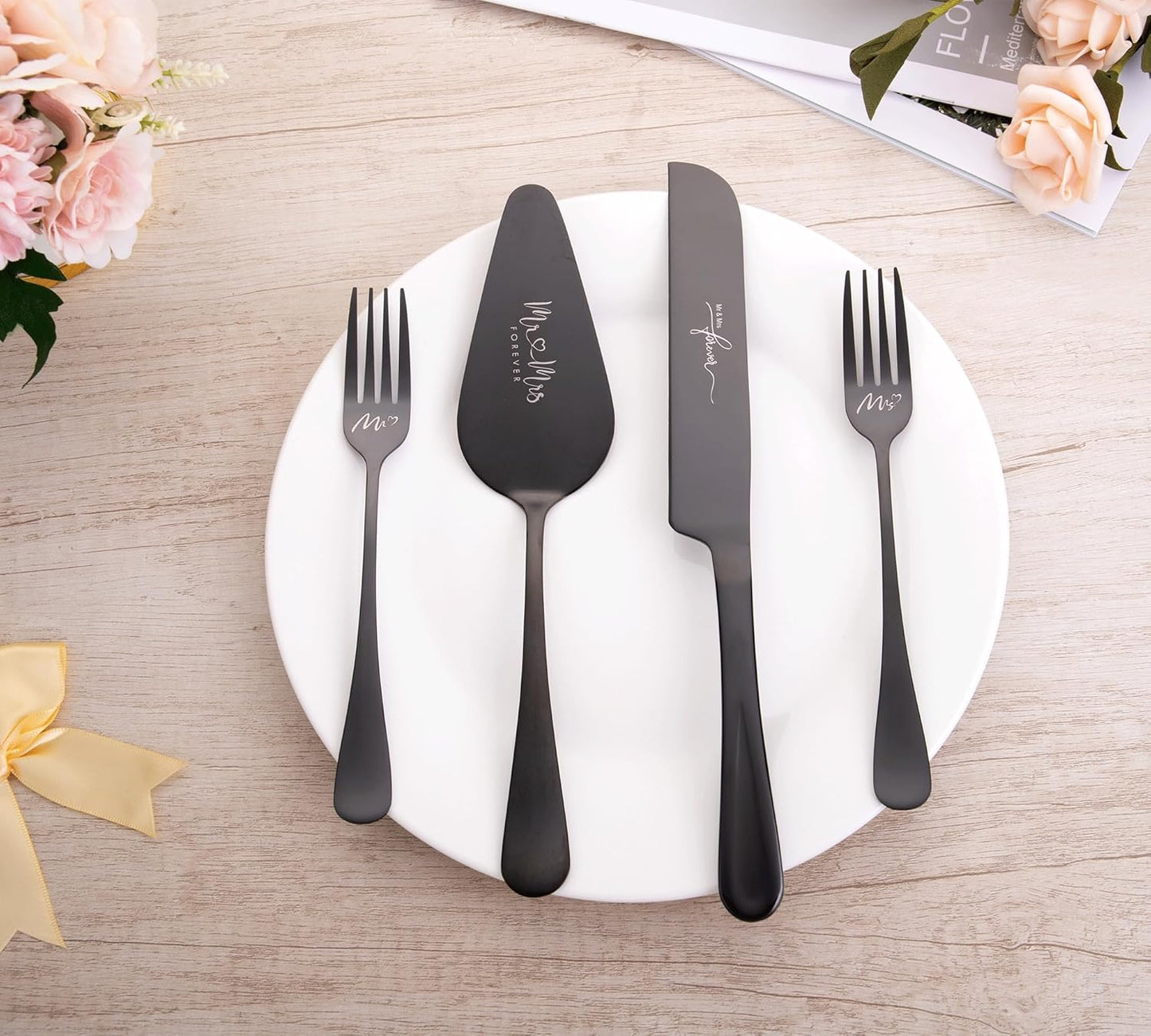 4 Pieces Wedding Cake Knife and Server Set, Stainless Steel Mr and Mrs Cake Cutter and Forks for Wedding, Birthday, Bridal Shower Gifts for Couples (Rose Gold)