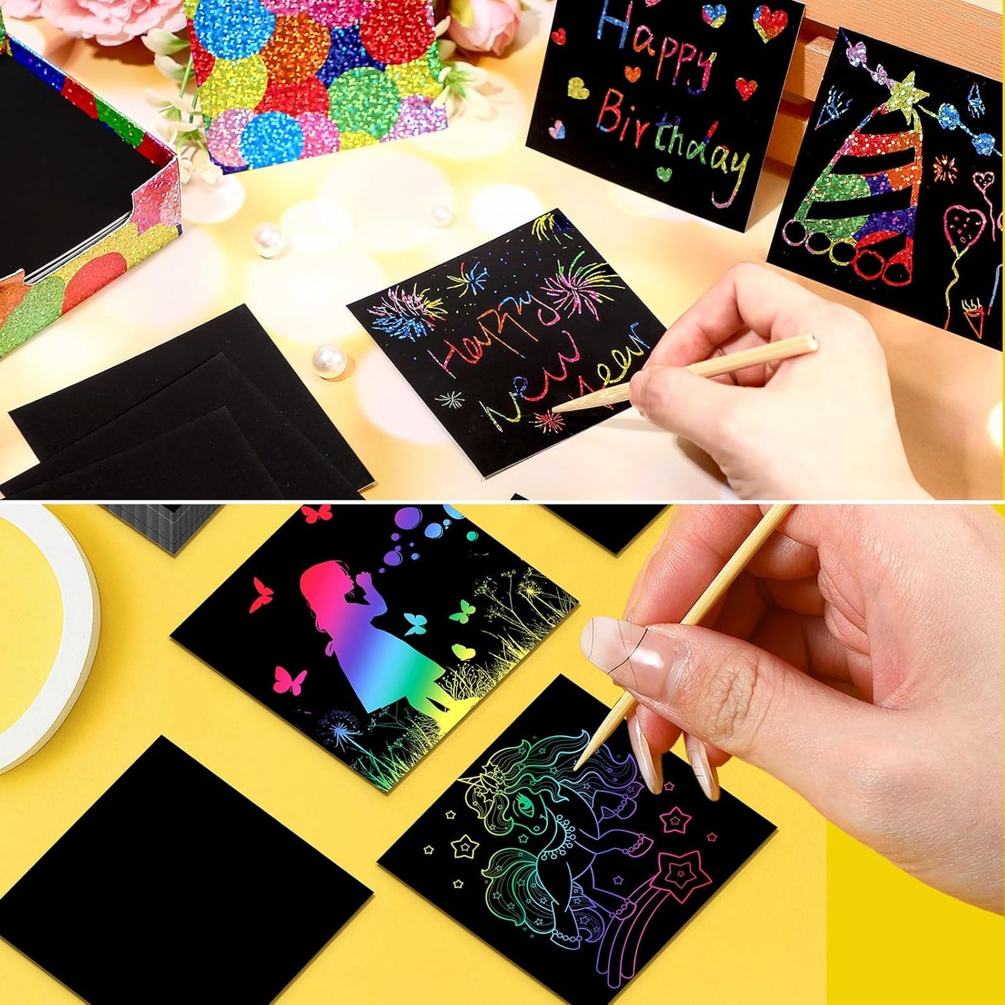 Lenwen Scratch Cards Rainbow Note Scratch Pads with 20 Bamboo Stylus for Adult Paper DIY Paper Craft Kits Birthday Party Favors Supplies(Rainbow Mix,500)