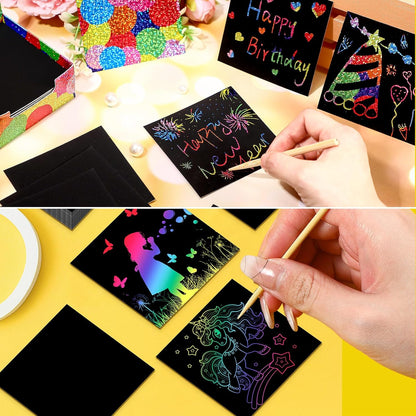 Lenwen Scratch Cards Rainbow Note Scratch Pads with 20 Bamboo Stylus for Adult Paper DIY Paper Craft Kits Birthday Party Favors Supplies(Rainbow Mix,500)