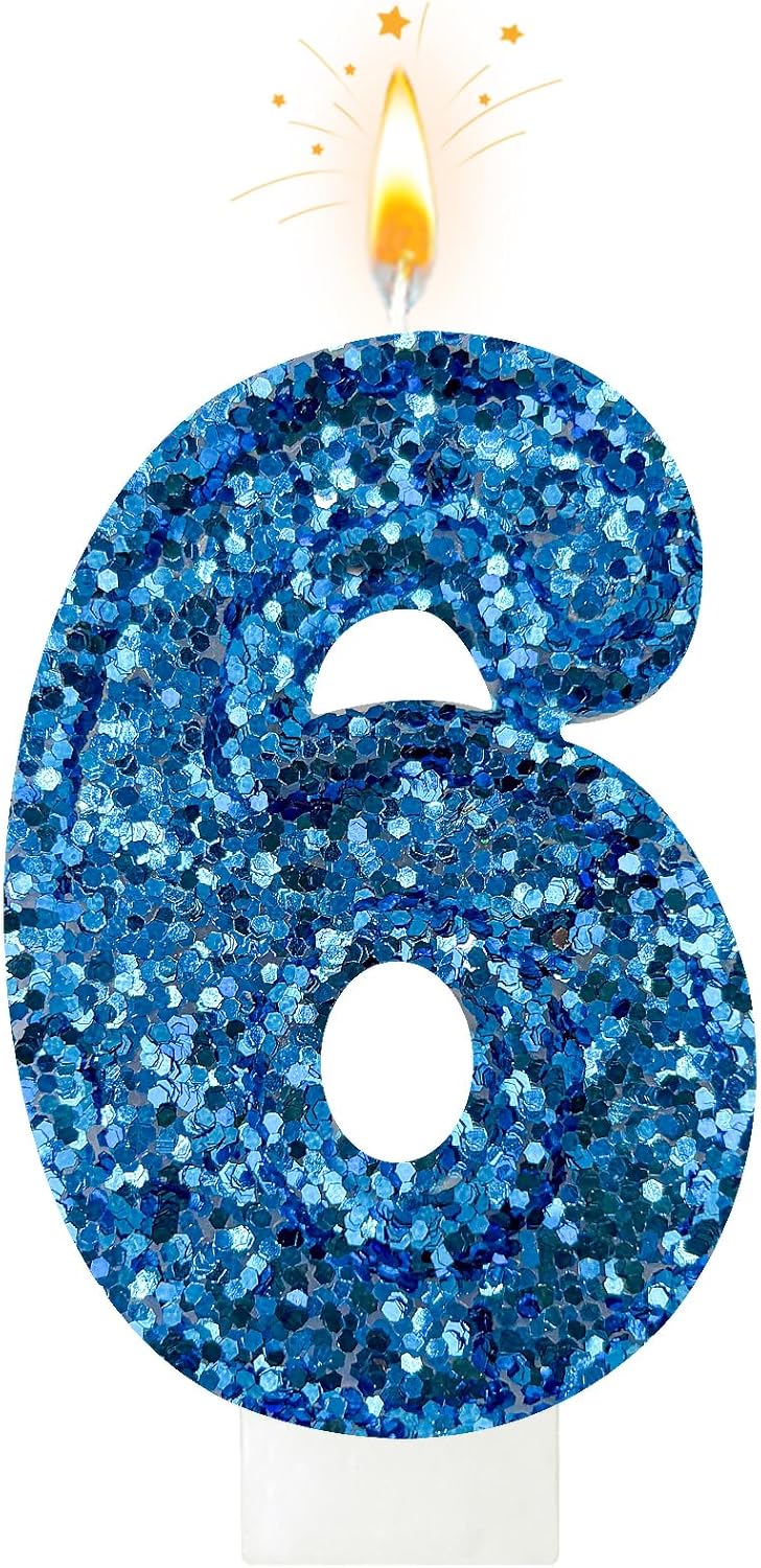 Birthday Number Candles, Glitter Number Candle Cake Decorations with Sequins, Cupcake Decorations for Girls, Women, Party Anniversary Celebrations (Number 6, Purple)