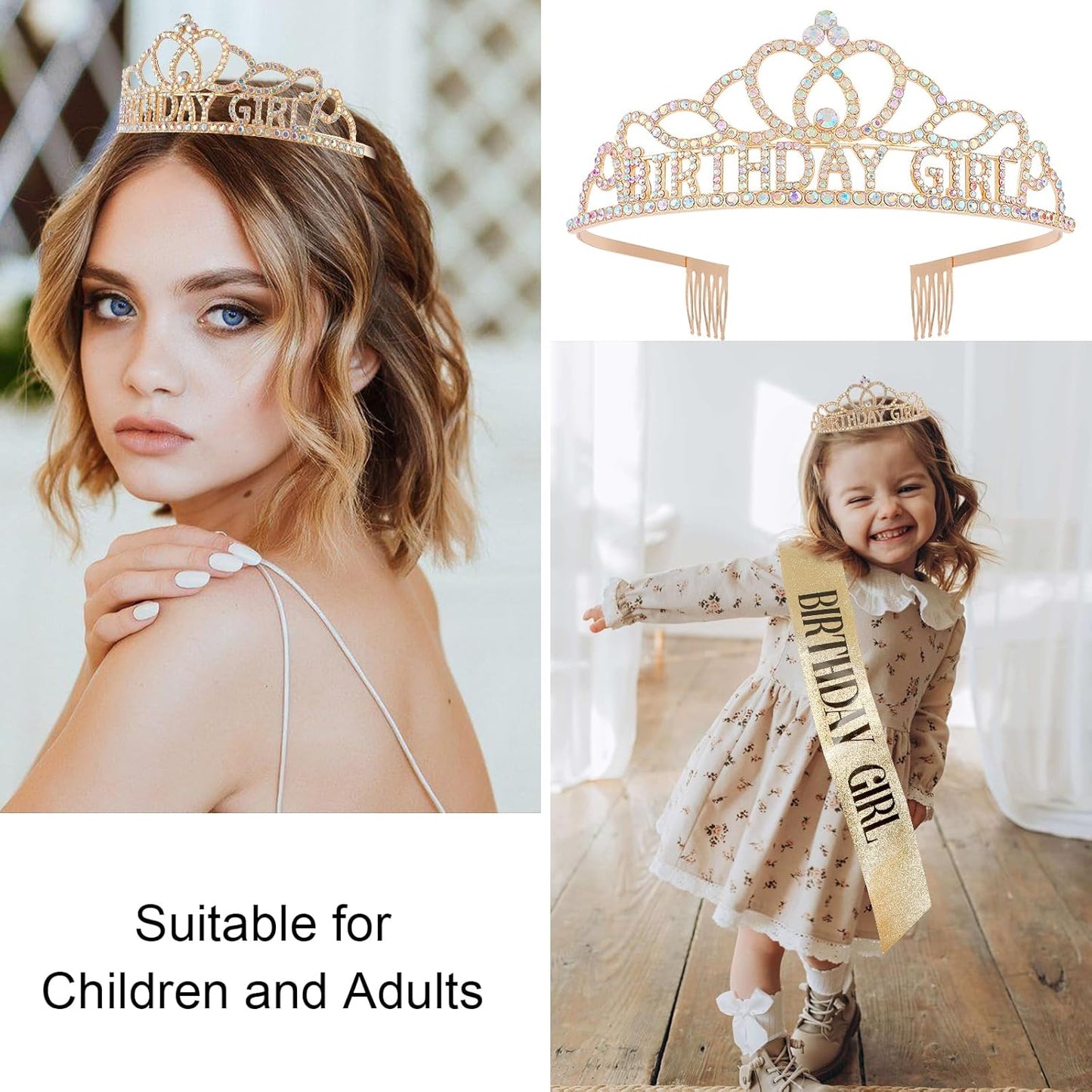 Chanaco Happy Birthday Crown and Sash Kit for Women and Girls - Rhinestone Tiara and Sashes with 'BIRTHDAY GIRL' Sash for Party Favors