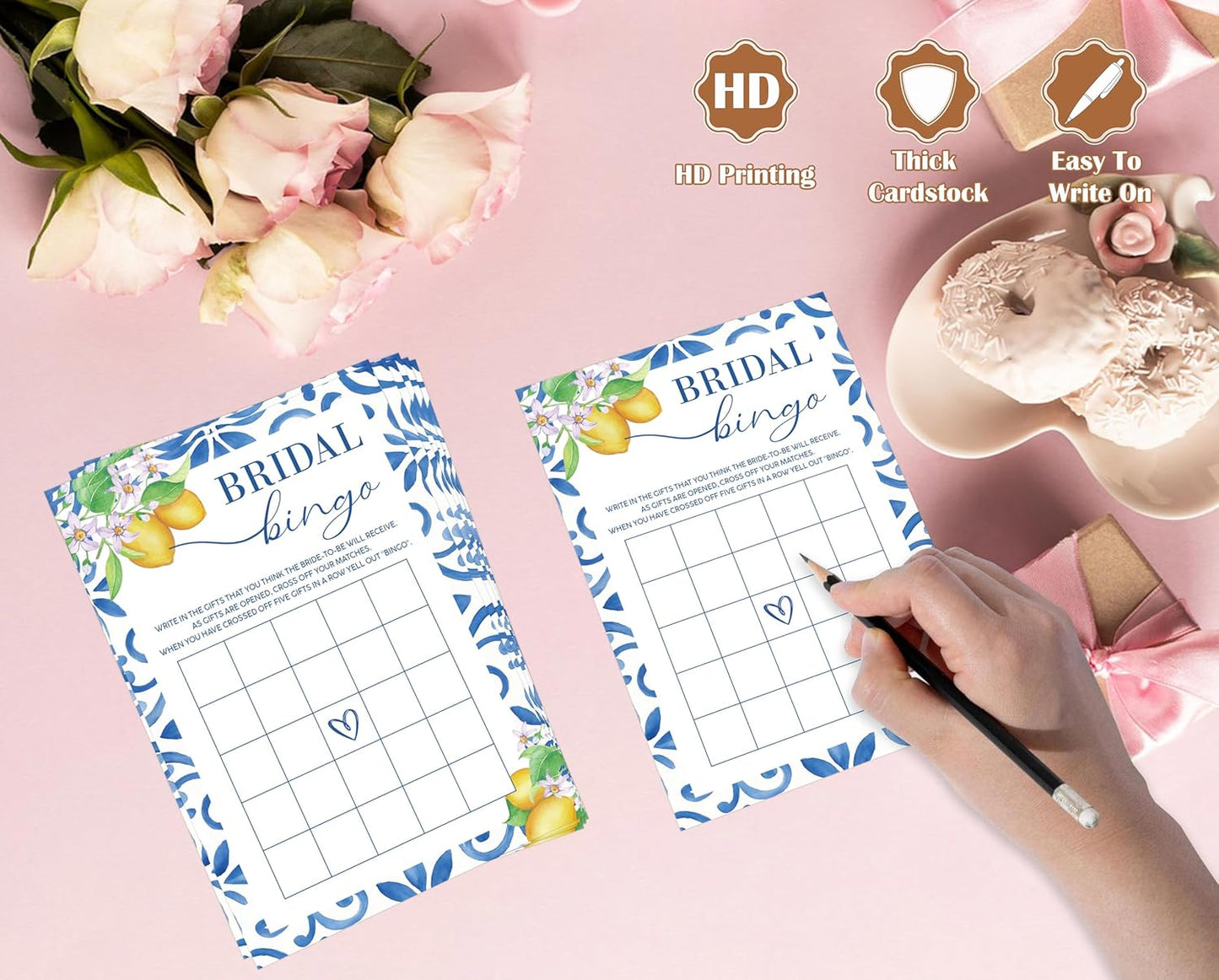 Mediterranean Lemon Bridal Shower Bingo Game with Blank Squares, Pack of 30 Game Cards, Bridal Shower Decorations, Wedding Engagement Decor, Bachelorette Party Supplies - KR30