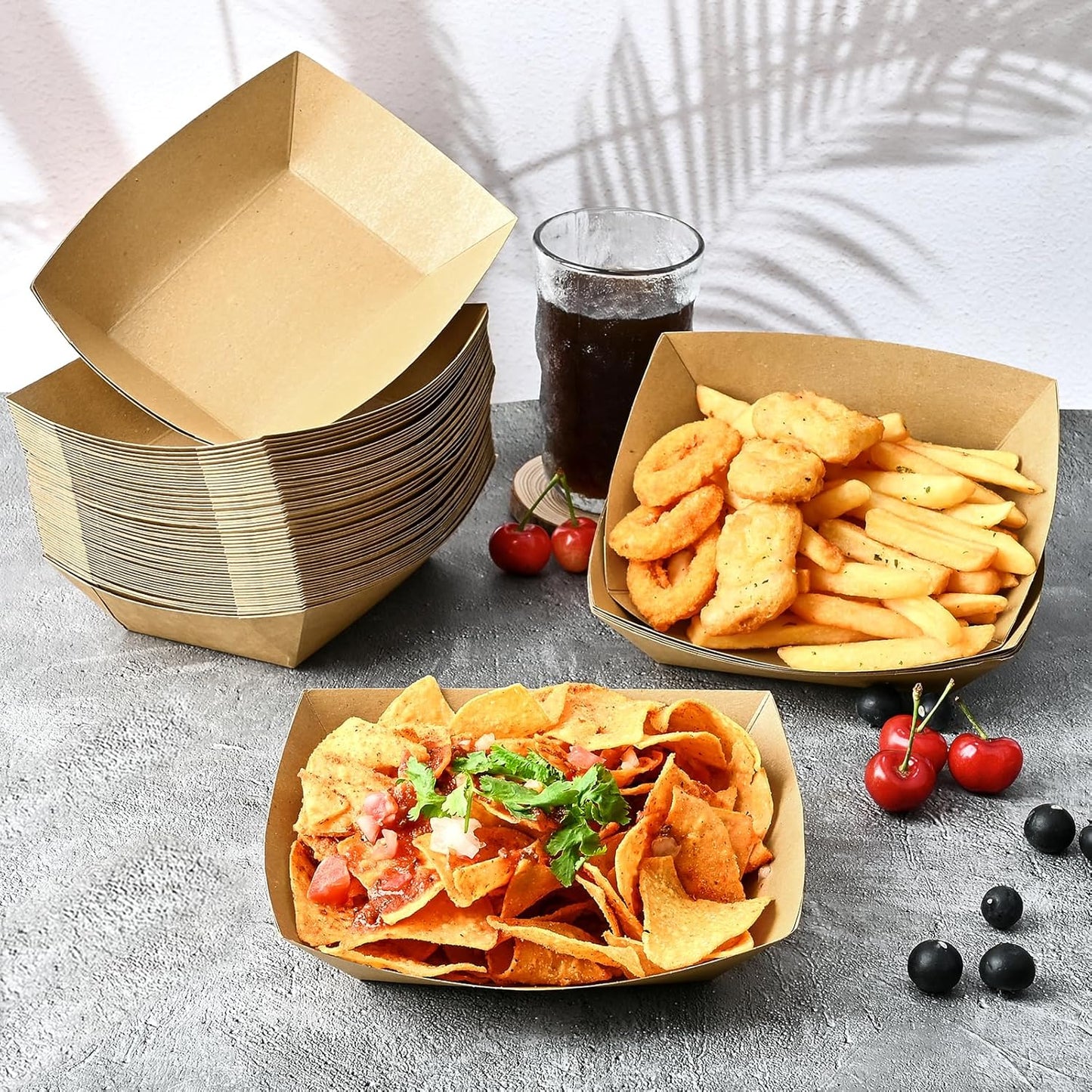 Ocmoiy 1lb Paper Food Trays, 100 Pack Heavy Duty Kraft Food Boats Holders Disposable Serving Basket Trays for Nachos, Fries, BBQ, Festivals, Party