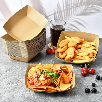 Ocmoiy 1lb Paper Food Trays, 100 Pack Heavy Duty Kraft Food Boats Holders Disposable Serving Basket Trays for Nachos, Fries, BBQ, Festivals, Party