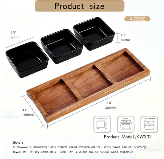3 Pack Chip & Dip Serving Set with Wooden Tray, Oven Safe Bowls for Parties, Hosting Gifts, Cranberry/Soy Sauce Dish & Entertaining Essentials