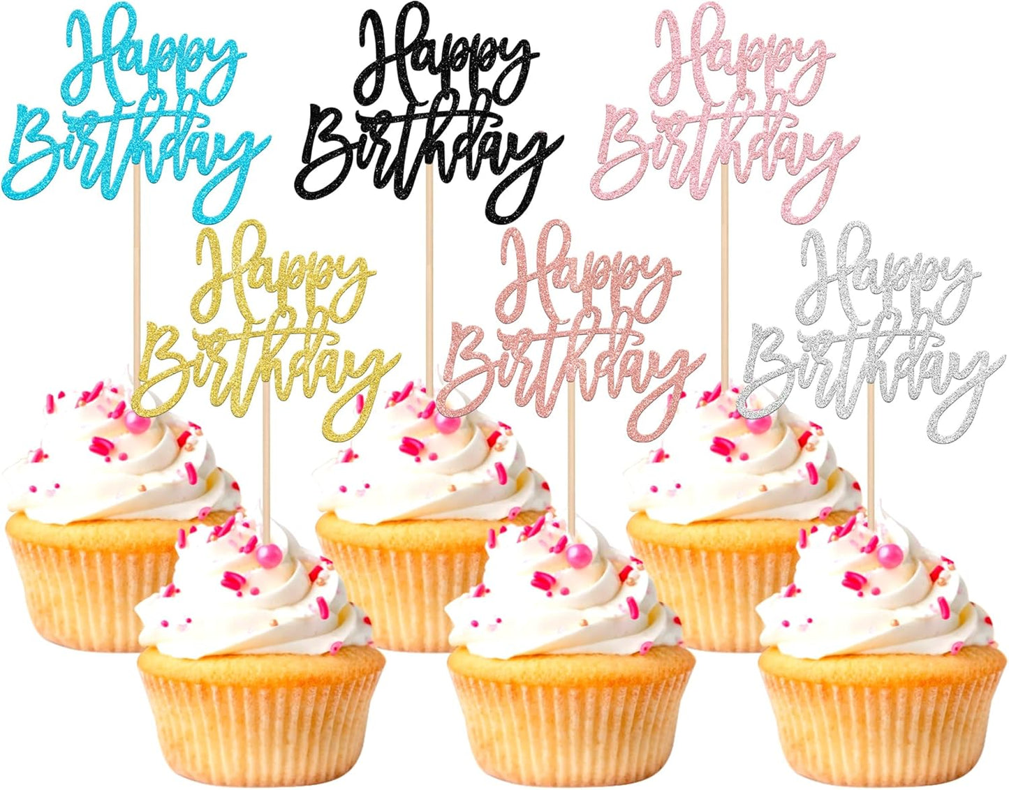 24 PCS Happy Birthday Cupcake Toppers Glitter Picks for Celebrating Anniversary Theme Party Cake Decorations Supplies Gold
