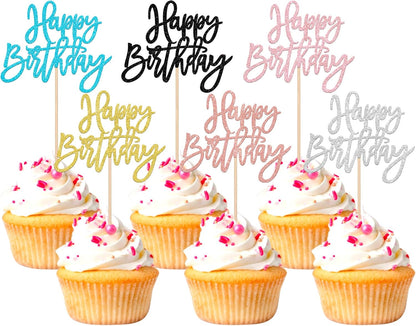 24 PCS Happy Birthday Cupcake Toppers Glitter Picks for Celebrating Anniversary Theme Party Cake Decorations Supplies Gold