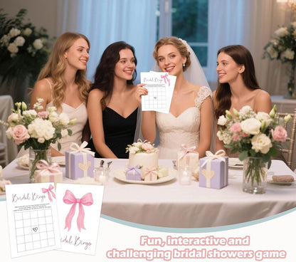 Pink Bow Bridal Shower Bingo Game with Blank Squares, Pack of 30 Game Cards, Bridal Shower Decorations, Wedding Engagement Decor, Bachelorette Party Supplies - KR05