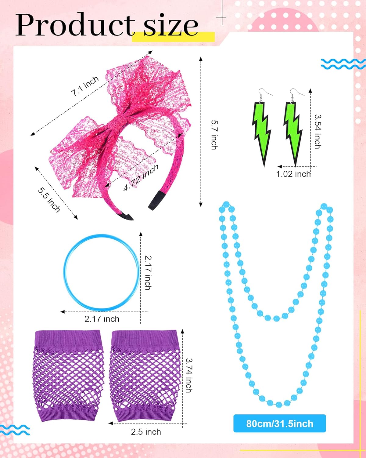 Blulu 80s Accessories Women Lace Headband Earrings Fishnet Gloves Necklace Bracelet for 80s Retro Party Halloween