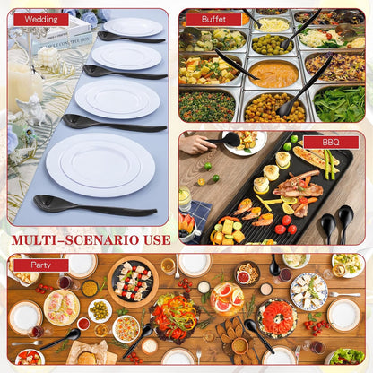 Mwellewm 10" Serving Spoons Plastic Serving Utensils 12 Packs Disposable Spoons for Buffet Large Heavy Duty Black Plastic Soup Spoons Catering Supplies for Parties Weddings Gatherings Holiday