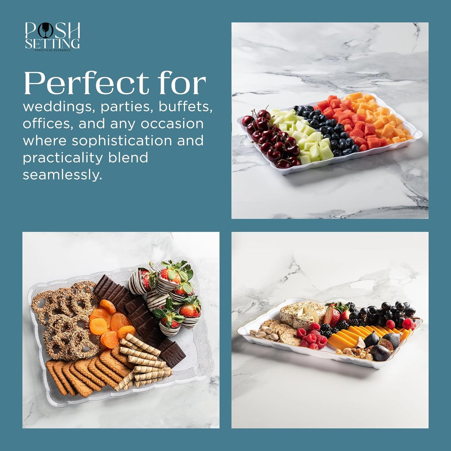 Posh Setting - Glitter Gold Serving Trays for Party, 9x13 Plastic Platters & Food Trays