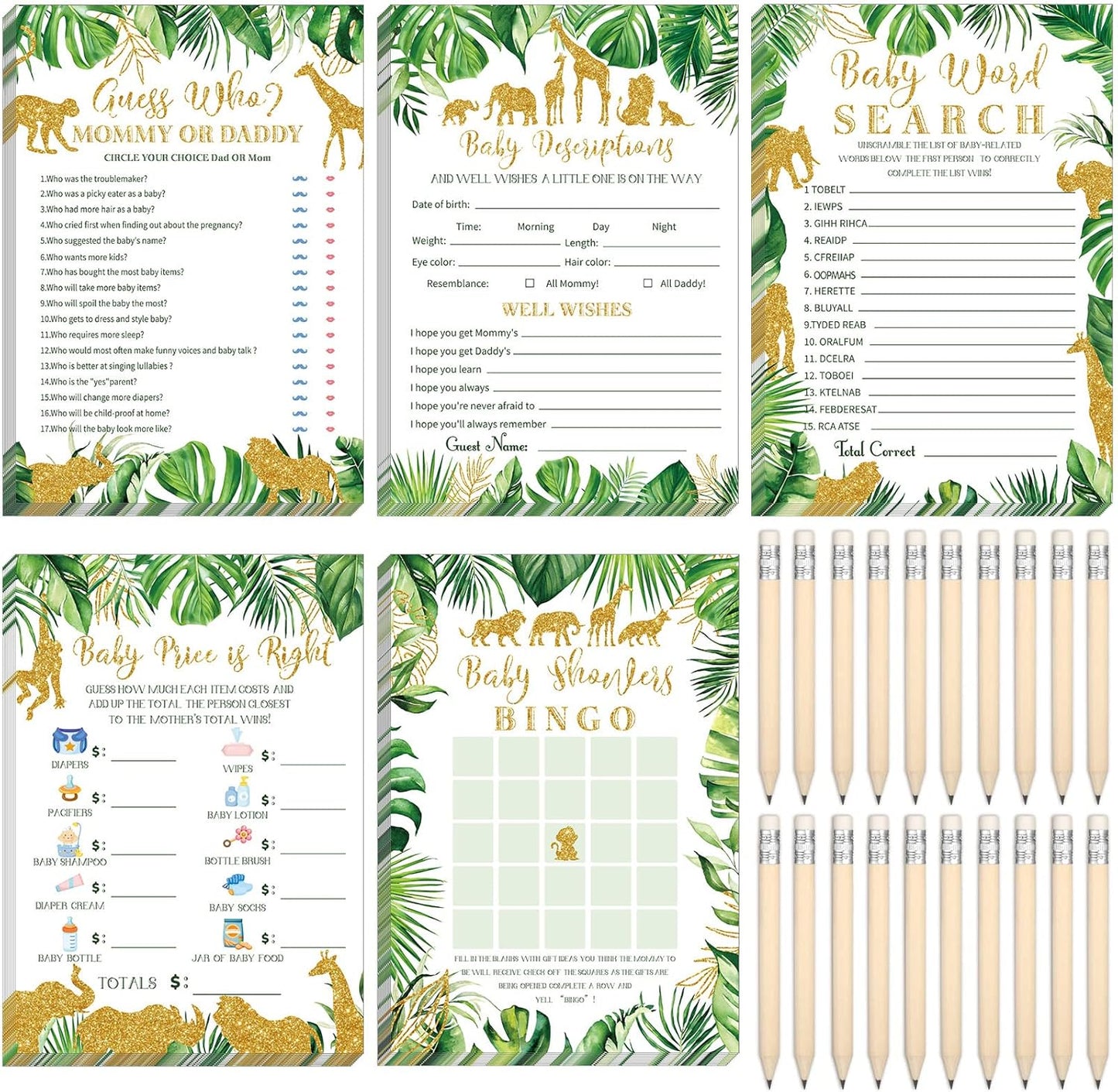 Yinder 145 Pcs Baby Shower Games Activities Cards with 20 Pencils Includes Baby Bingo Description and Wishes Guess Who Price is Right Word Scramble Game(Here Comes the Son)
