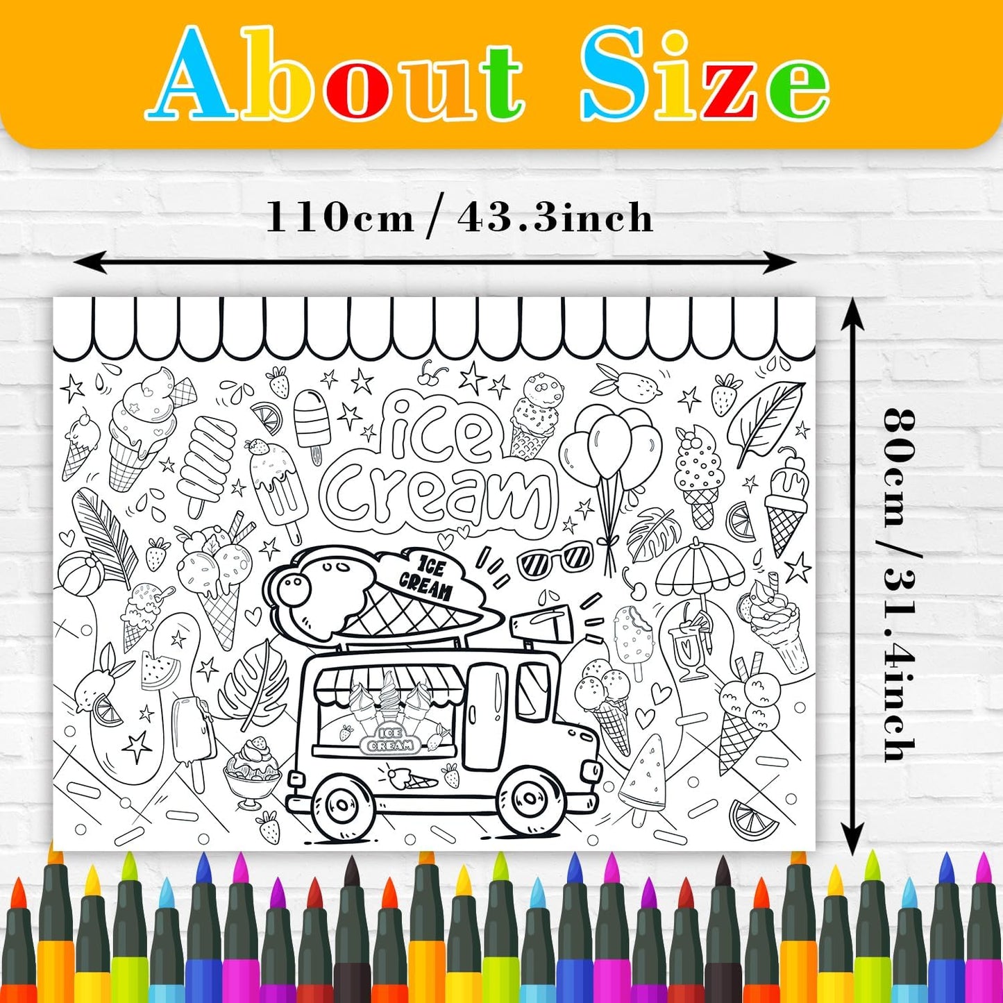 43.3x31.5 Summer Coloring Poster with Picture, Giant Cute Painting Poster, Large Coloring Tablecloth for Classroom Home Birthday Party Supplies Favor