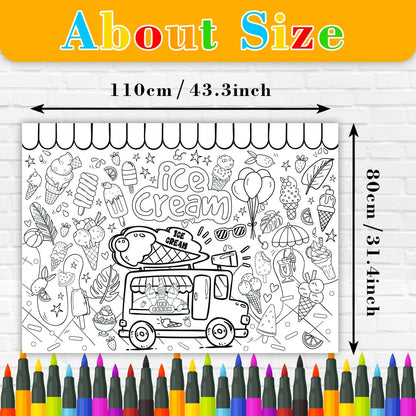43.3x31.5 Summer Coloring Poster with Picture, Giant Cute Painting Poster, Large Coloring Tablecloth for Classroom Home Birthday Party Supplies Favor