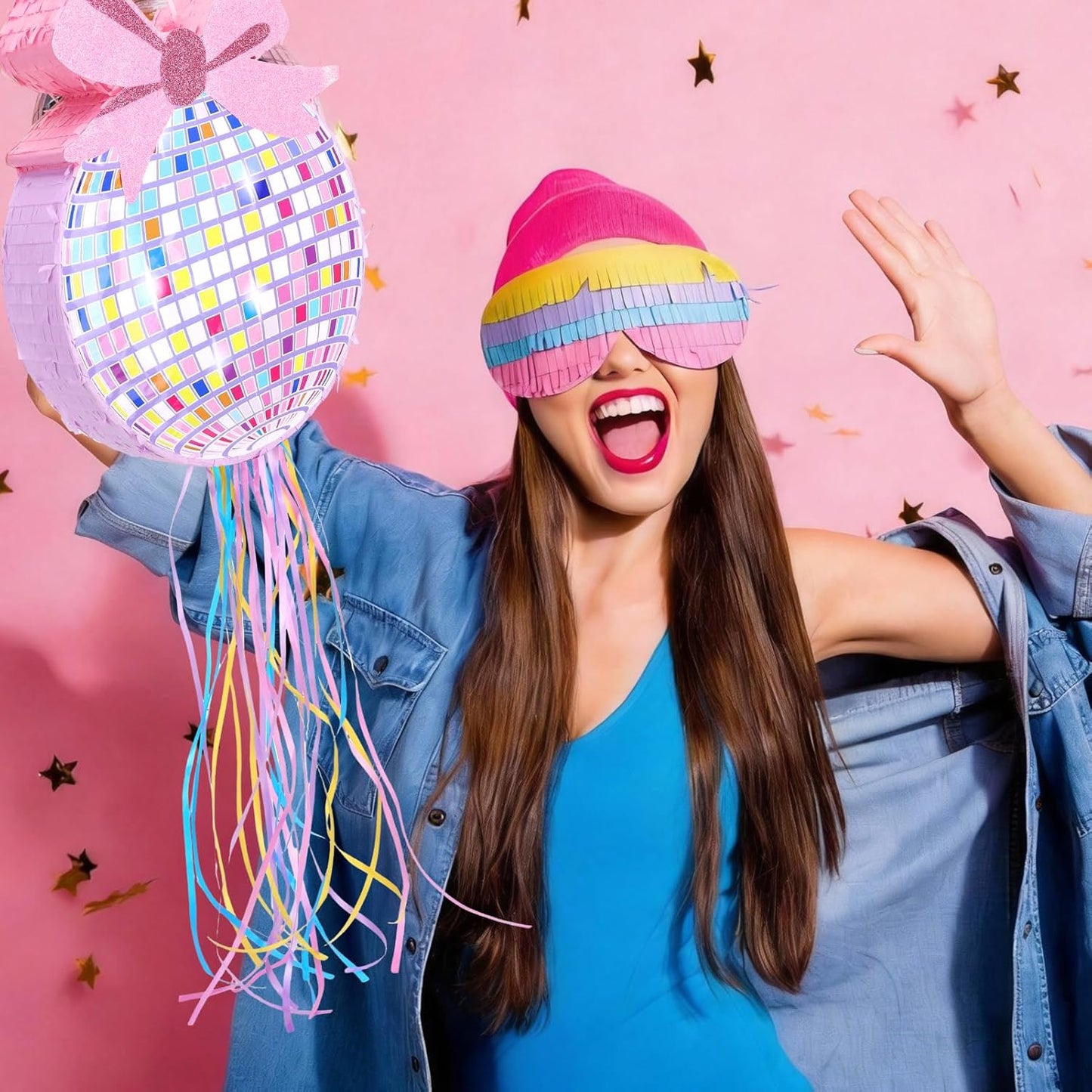 Rock and Roll Skeleton Piñata with Headphones Design Blindfold Hitting Stick Confetti for Music Themed Birthday Party (15.56 x 13.19 x 2.76 inch)
