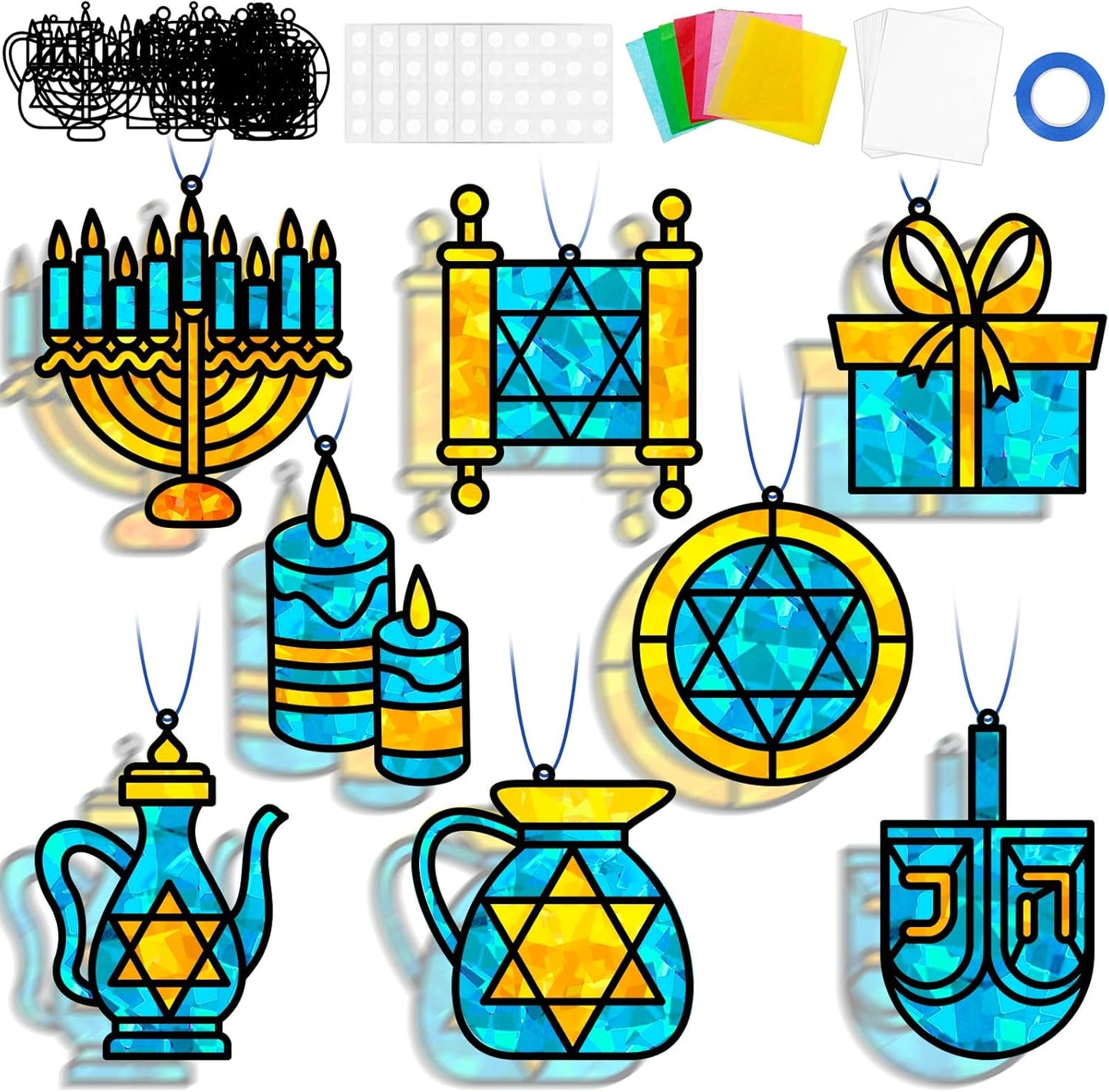 QOUBAI 32 Sets Stars Suncatchers Craft Back to School DIY Stained Glass Window Patriotic 4th of July Paper Craft Home School Classroom Decor Kid Birthday Gift Creative Art Activity Game - Colors B