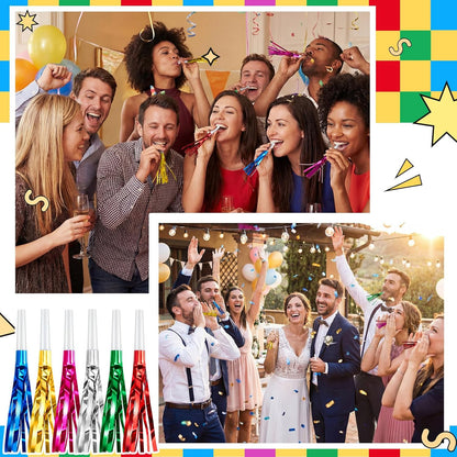 Sumind 24 Pcs Gold Noise Makers Metallic Fringed Party Blowers Horns Whistles Noisemakers Party Favors for Adults Birthday Graduation Sporting Events Celebration Surprise Supplies