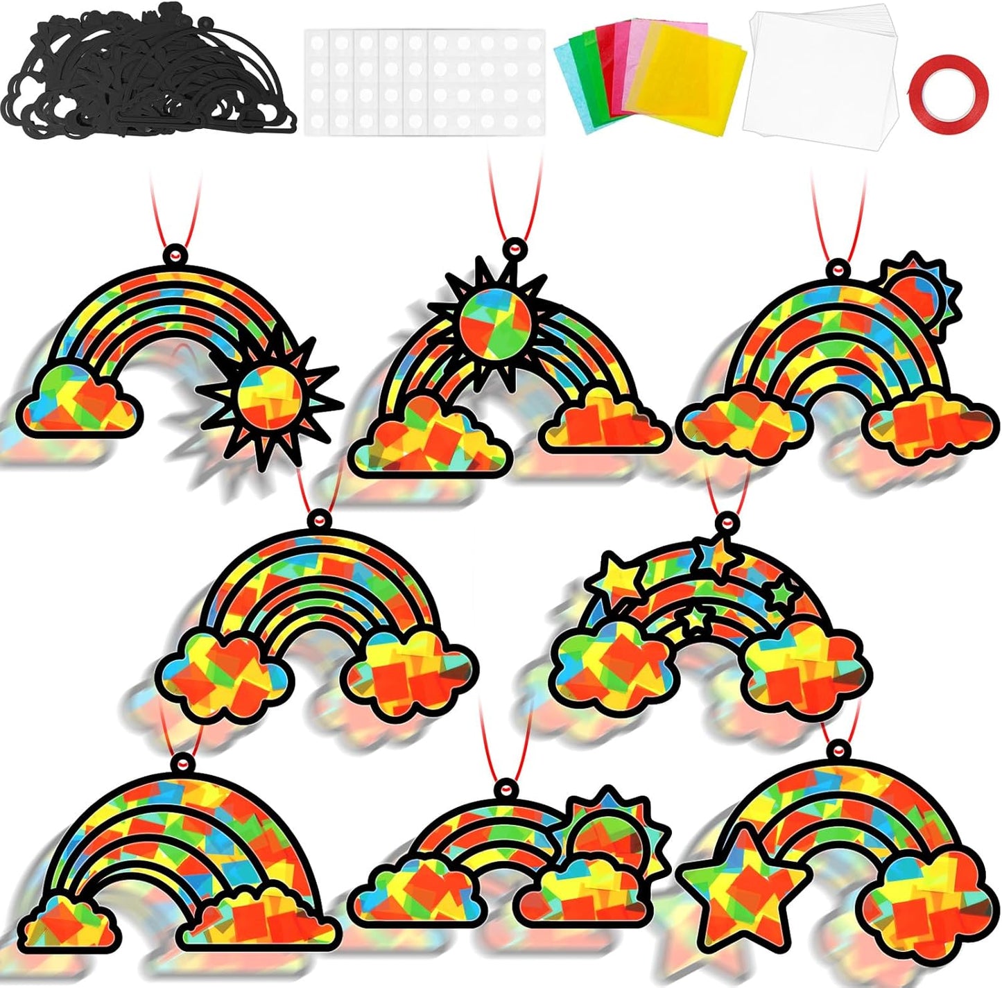QOUBAI 32 Sets Stars Suncatchers Craft Back to School DIY Stained Glass Window Patriotic 4th of July Paper Craft Home School Classroom Decor Kid Birthday Gift Creative Art Activity Game - Colors B