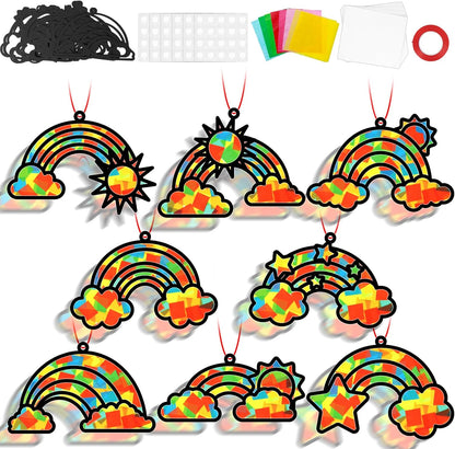 QOUBAI 32 Sets Stars Suncatchers Craft Back to School DIY Stained Glass Window Patriotic 4th of July Paper Craft Home School Classroom Decor Kid Birthday Gift Creative Art Activity Game - Colors B