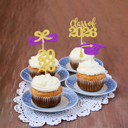 36 PCS 2026 Graduation Theme Cupcake Toppers Glitter Class of 2026 Grad Cap Diploma Cupcake Picks 2026 Graduation Theme Party Cake Decorations Supplies Deep Blue
