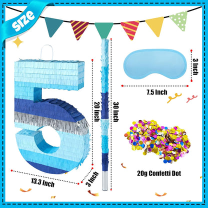 PCFING 20 Inch Number 3 Piñata Blue Silver with 30 Inch Piñata Stick Blindfold Confetti for Boys Girls Adults Birthday Party Decorations, Anniversary Celebration, Fiesta