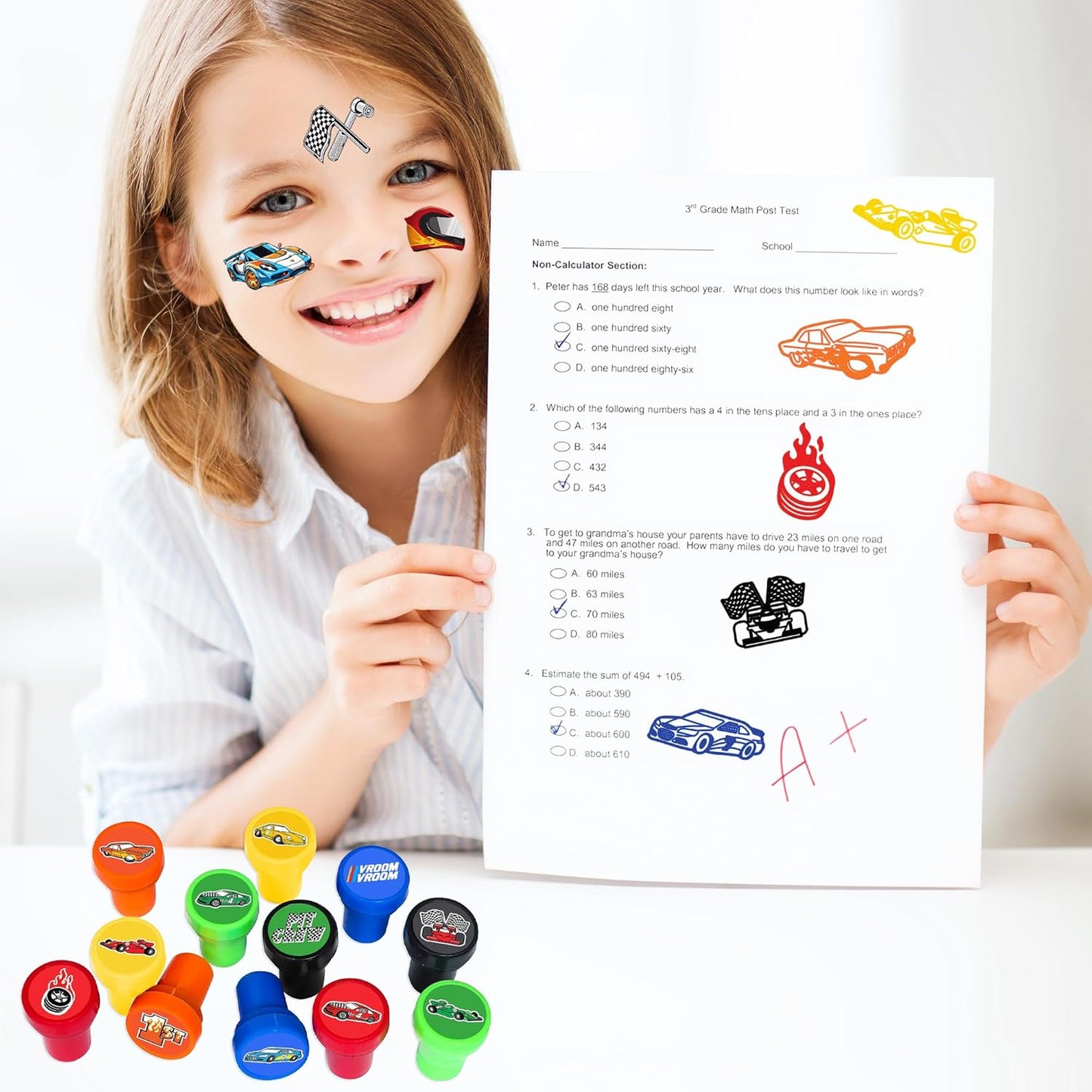 36PCS Race Car Party Favors for Kids - 24 Temporary Tattoos & 12 Stamps - Checkered Flag Themed Birthday Decorations, Goodie Bag Stuffers & Classroom Rewards for Boys