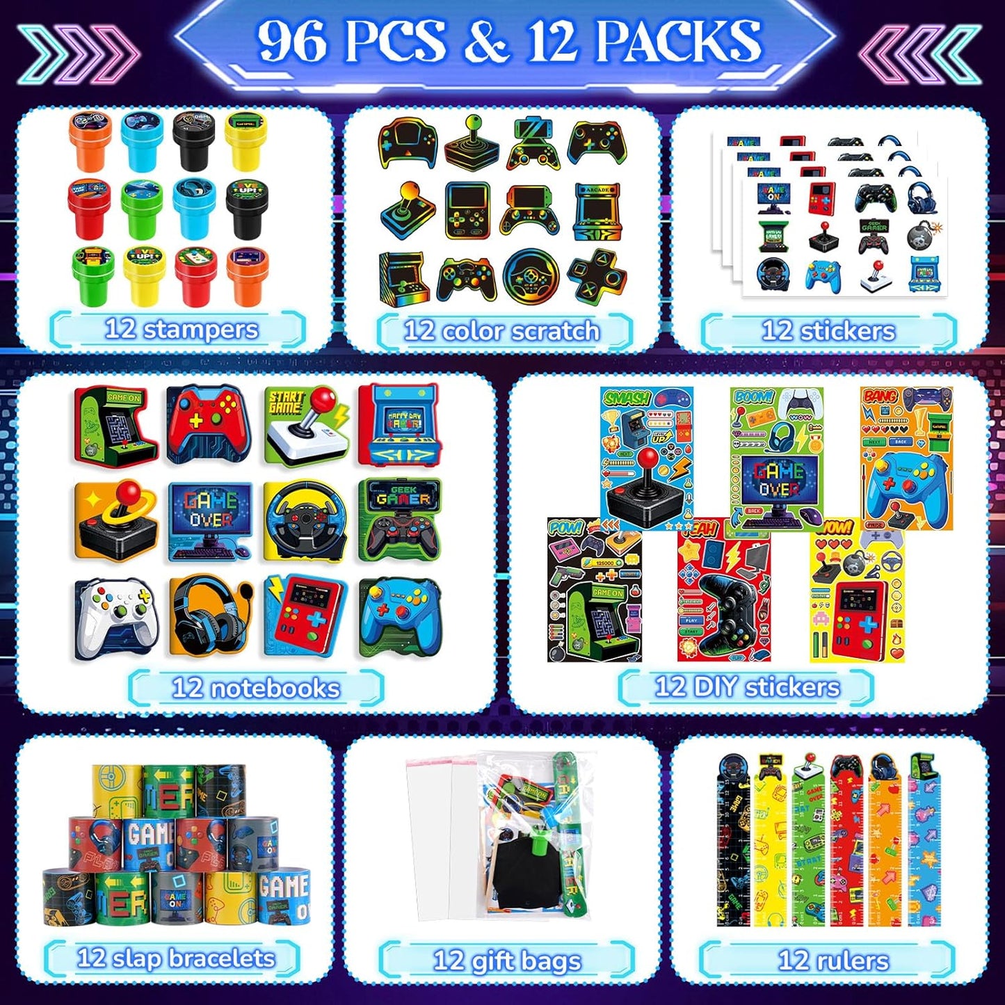 BenLouis 96 Pcs Video Game Party Favors Neon School Stationery Bulk for Kids Classroomgame Level Up Birthday Gift Candy Goodie Bag Fillers Fun Glow Gamepad Game Decor Pinata Prize Activity Supplies