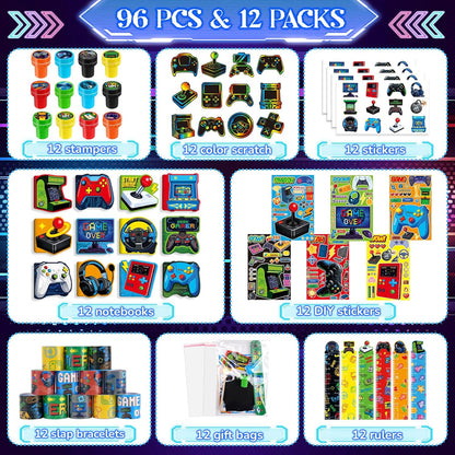 BenLouis 96 Pcs Video Game Party Favors Neon School Stationery Bulk for Kids Classroomgame Level Up Birthday Gift Candy Goodie Bag Fillers Fun Glow Gamepad Game Decor Pinata Prize Activity Supplies