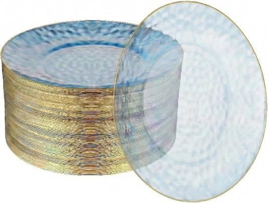 R-kay 100 Pack Clear Plastic Plates - 6.25 IN Hammered Gold Rimmed Sturdy, Durable And Extra Heavy duty Gold Plastic Dessert Plates Disposable - Ideal For Appetizer And And For Desserts.