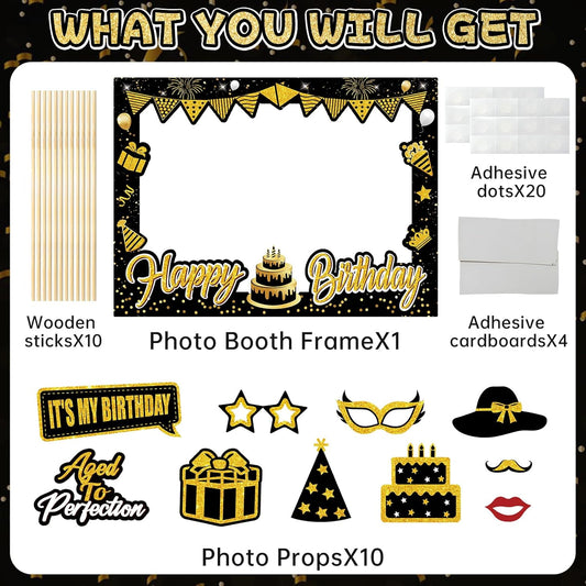 Turypaty Birthday Party Decorations for Boys & Girls - Black & Gold Photo Booth Props & Selfie Frame Set
