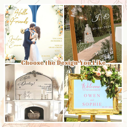 Custom Name Welcome to Our Wedding Signs Personalized Wedding Mirror Decals Selfie Mirror Decal for Wedding Entry Reception Display Golden Date Marriage DIY Vinyl Lettering Welcome Party Decoration