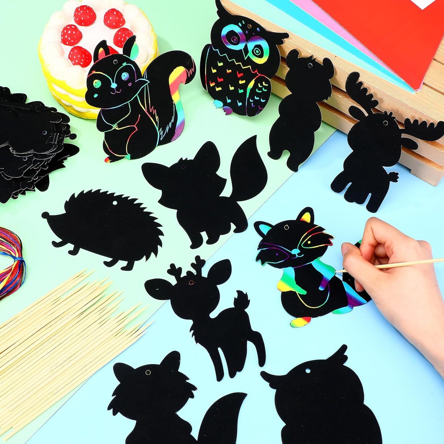 RoundFunny 80 Pcs Woodland Animals Scratch Card for Adult Forest Animals Craft Scratch Paper Craft Kits with 80 Pcs Stick and Ribbon for Birthday Woodland Camping Party Favors