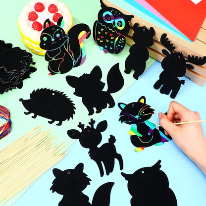 RoundFunny 80 Pcs Woodland Animals Scratch Card for Adult Forest Animals Craft Scratch Paper Craft Kits with 80 Pcs Stick and Ribbon for Birthday Woodland Camping Party Favors