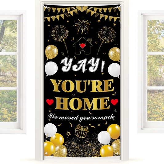 Welcome Home Door Banner Decorations - Black And Gold Yay You'Re Home Banner Vertical Backdrop For Welcome Back Housewarming Military Return Party Welcoming Sign Photo Props Decor