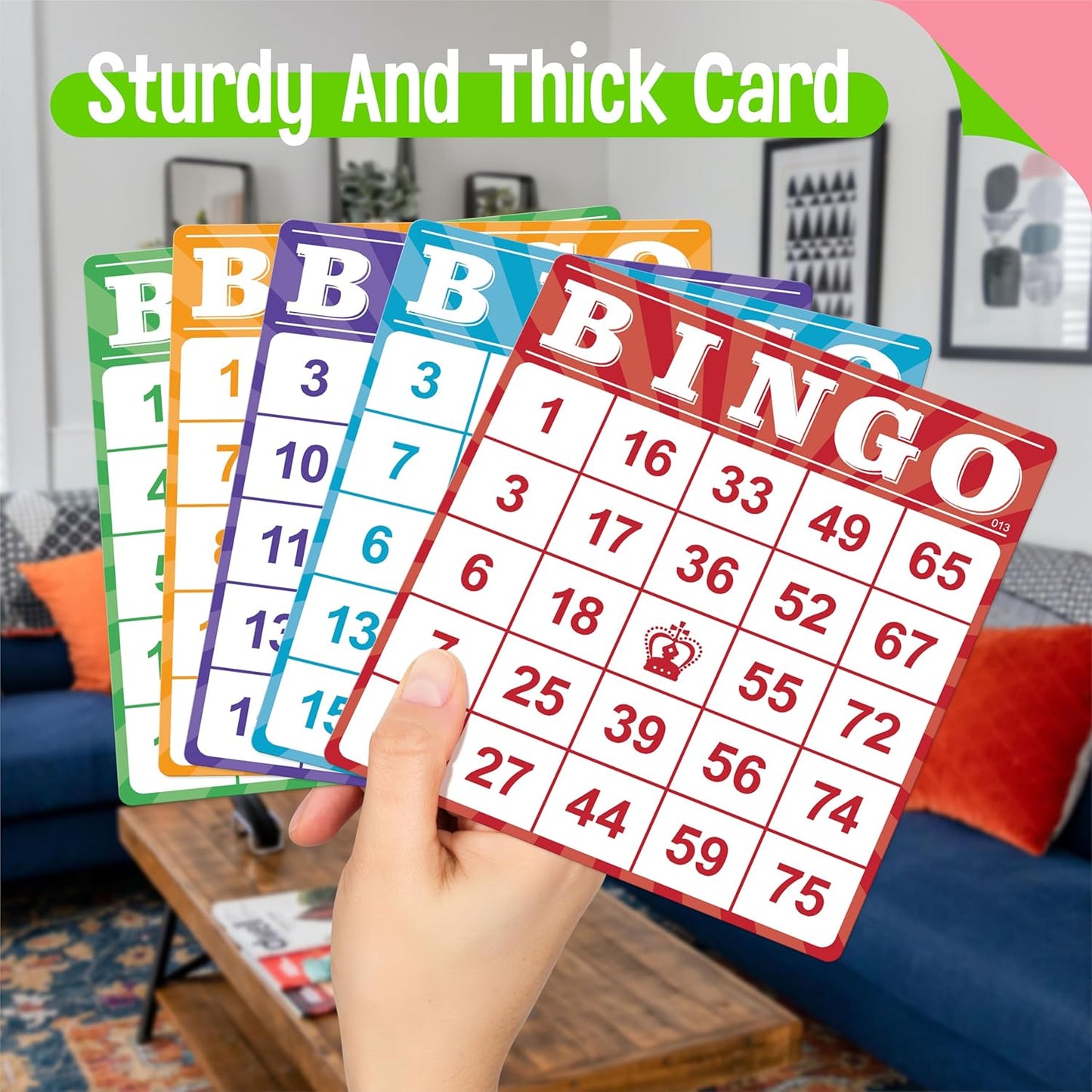 100-Pack Number Bingo Game Cards, Disposable Reusable Multi-Color Paper Sheets for Kids, Numbers 1-75 Bingo Board Game for Parties, School, Classroom, Family Gathering Activity, Travel, Road Trip