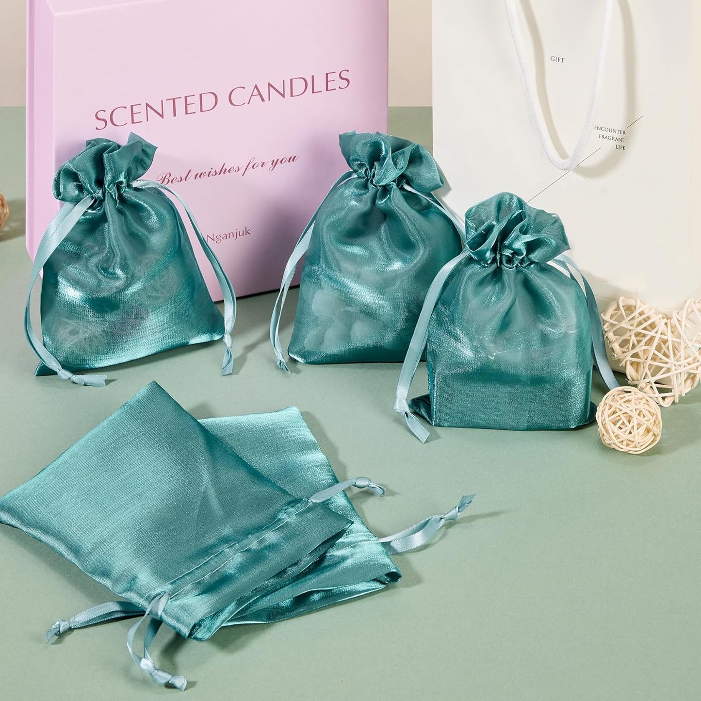 QIANF 20 Pcs Peacock Blue Small Organza Bags 3X4 inch for Wedding Favors with Drawstring, Mini Mesh Gift Bags Jewelry Pouch for Candy Bridal Shower Party Favor Baby Shower Christmas
