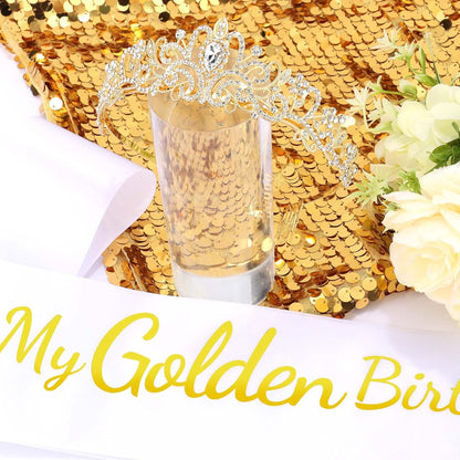 It's My Golden Birthday Sash and Crown Set for Women Girls Birthday Party Decorations Decor Party Favors Gifts