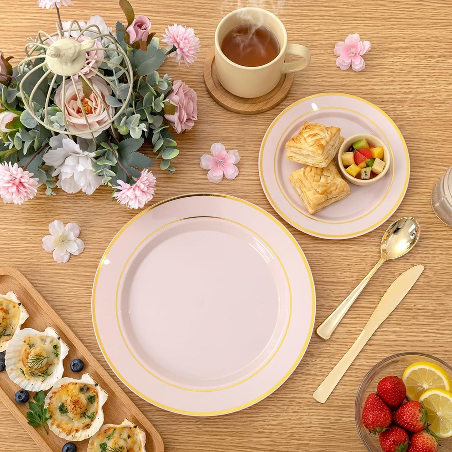 350 Pieces Black and Gold Plastic Plates with Disposable Silverware, Include 50 Dinner Plates 9”, 50 Dessert Plates 6.3”, 50 Black Cups 9 OZ, 50 Pre Rolled Napkins for Wedding Party Graduation