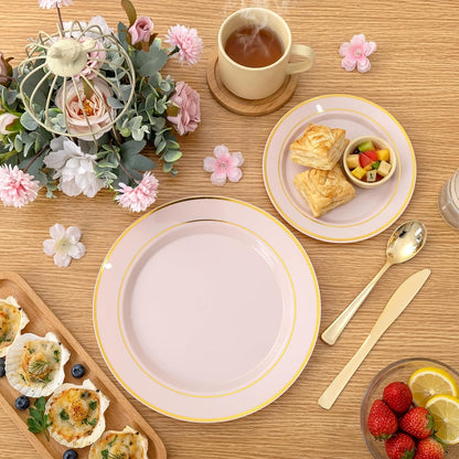 350 Pieces Black and Gold Plastic Plates with Disposable Silverware, Include 50 Dinner Plates 9”, 50 Dessert Plates 6.3”, 50 Black Cups 9 OZ, 50 Pre Rolled Napkins for Wedding Party Graduation