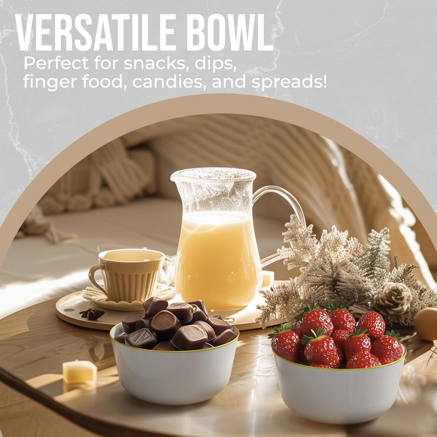 White Gold Rim Disposable Plastic Bowls - 16 Oz, 30 Count - Large, Heavy Duty - Perfect for Weddings & Parties