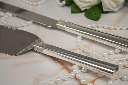 Waterford Personalized Lismore Diamond Silver Wedding Cake Knife and Server Set, Custom Engraved Wedding Cake Cutting Set, Accessories and Gifts for the Bride and Groom