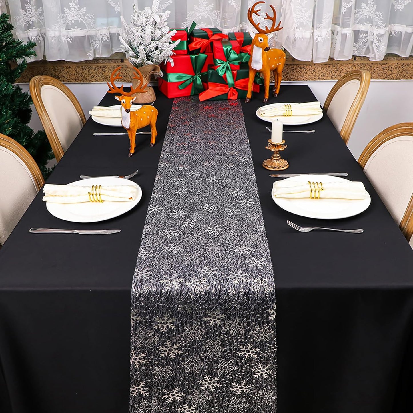 Snowkingdom 2 Pieces Gold Table Runner, Sequin Glitter Foil Metallic Thin Mesh Runner Roll 11"x108", Gold Table Decorations for Event Party, Wedding, Birthday Party, Christmas