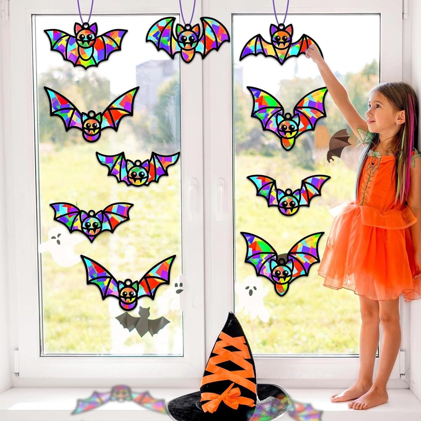 QOUBAI 32 Sets Stars Suncatchers Craft Back to School DIY Stained Glass Window Patriotic 4th of July Paper Craft Home School Classroom Decor Kid Birthday Gift Creative Art Activity Game - Colors A