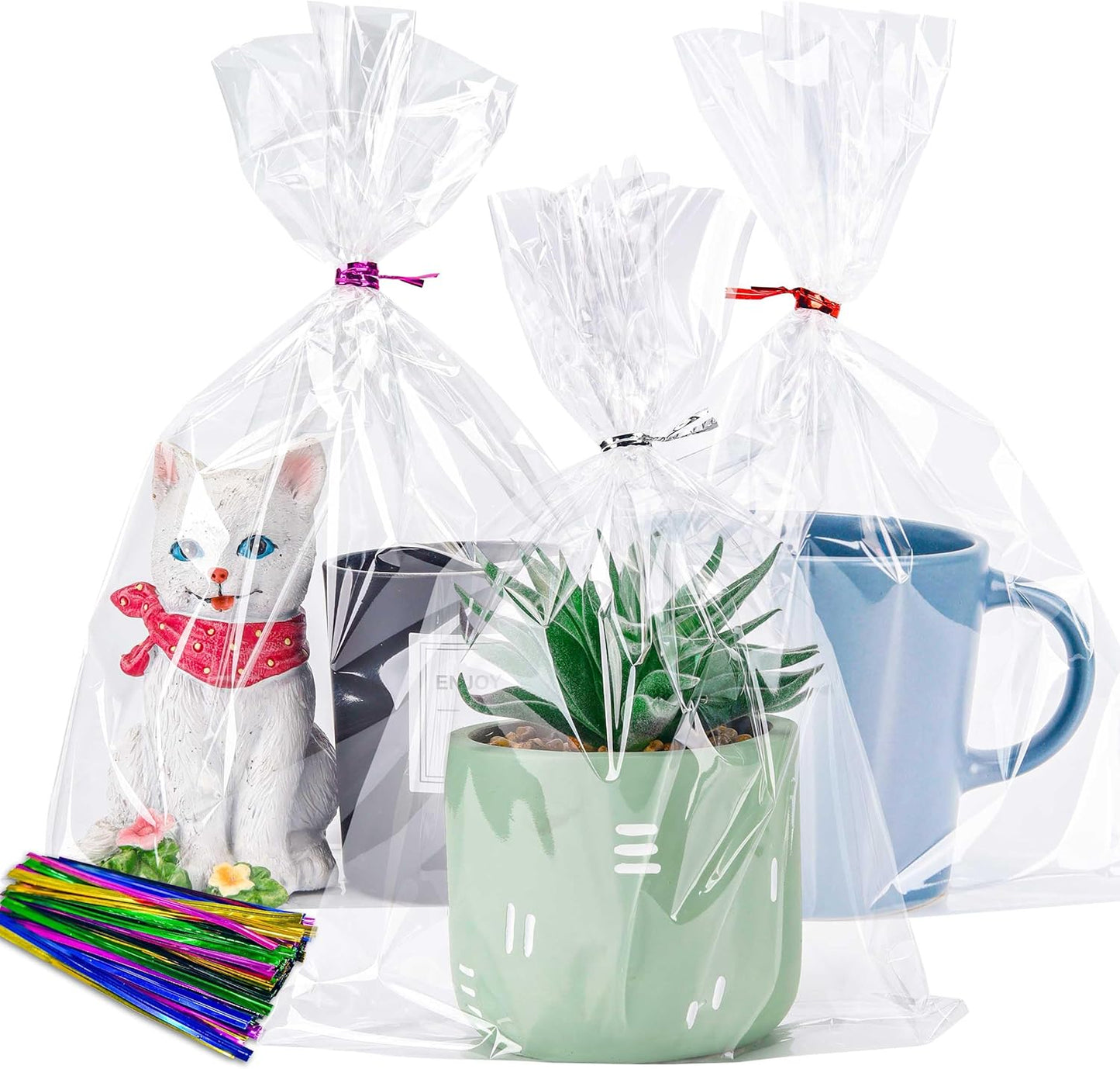 LOKQING Clear Cellophane Treat Bags 6 x 10 in, 100 Pack Mothers Day Gift Bags with Twist Ties, Bags for Cookies, Candy, Party Favors, Bakery Packaging and Small Gifts