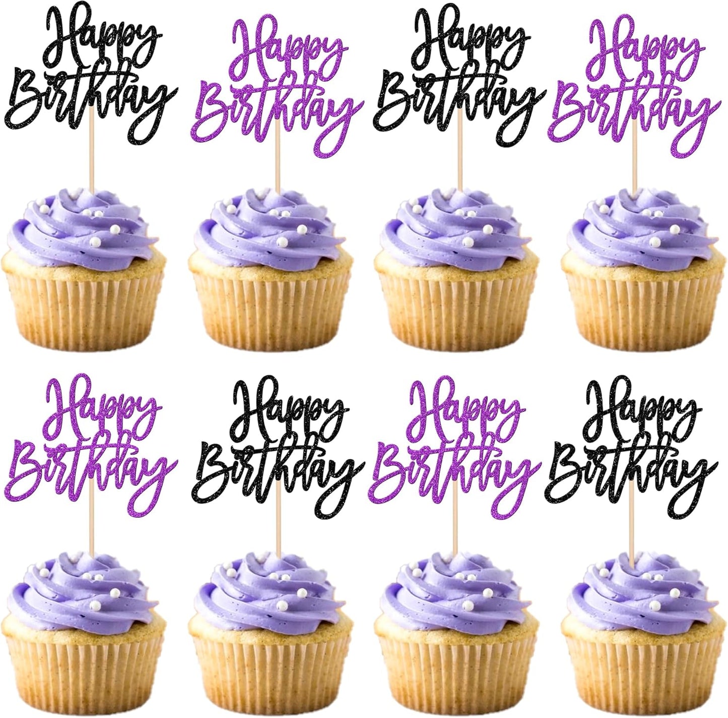 24 PCS Happy Birthday Cupcake Toppers Glitter Picks for Celebrating Anniversary Theme Party Cake Decorations Supplies Gold
