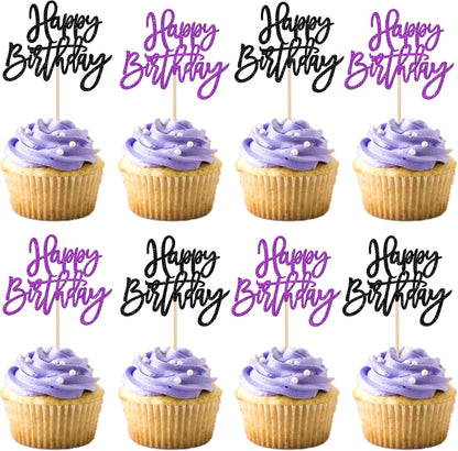 24 PCS Happy Birthday Cupcake Toppers Glitter Picks for Celebrating Anniversary Theme Party Cake Decorations Supplies Gold