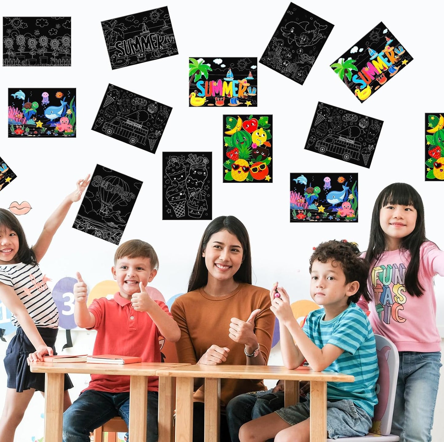 Marspark 24 Pcs Summer Crafts for Kids Bulk Color Your Own Summer Scratch Posters DIY Magic Scratch Paper Black Off Art Paper Gifts Kit Doodle Art for Home Holiday School Party Activities