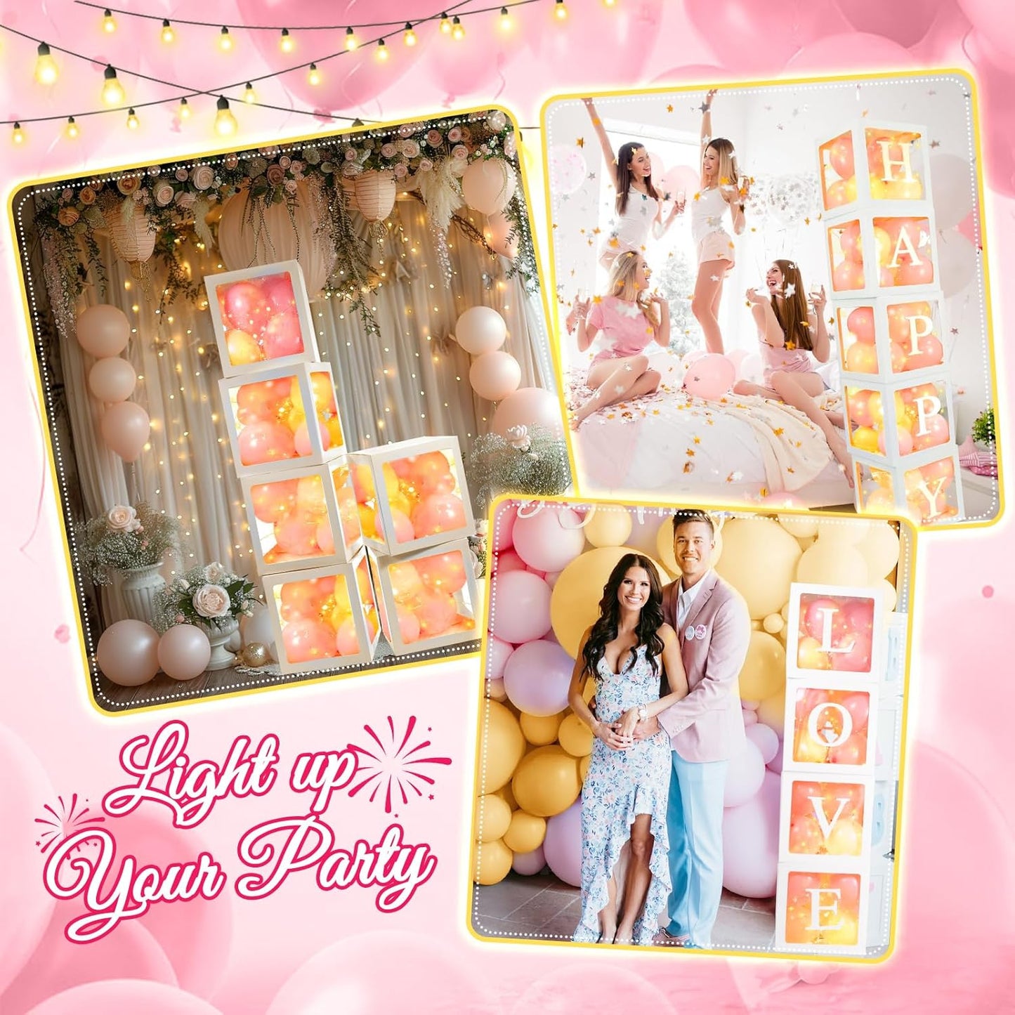 Ledido Transparent Balloon Boxes, Clear Balloon Boxes with 5 Pcs String Lights and 78 Letters for Baby Shower Gender Reveal 2026 New Year Grad Party Birthday Anniversary Bridal Decor - 5 White Boxes