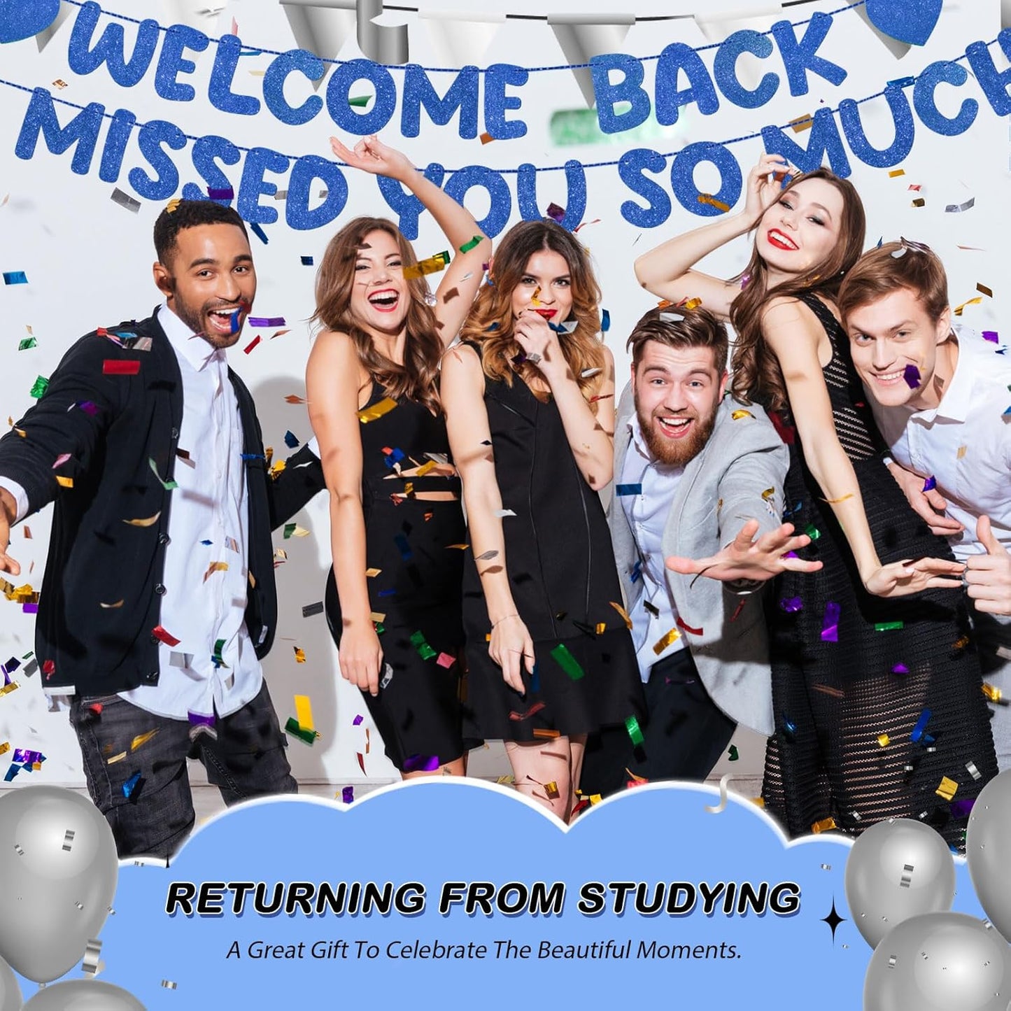 Fulmoon Pre Strung Welcome Back We Missed You So Much Banner, NO DIY, Glitter Welcome Home Celebration Decorations Family Gathering, Back to School, Military Homecoming Decoration(Dark Blue)